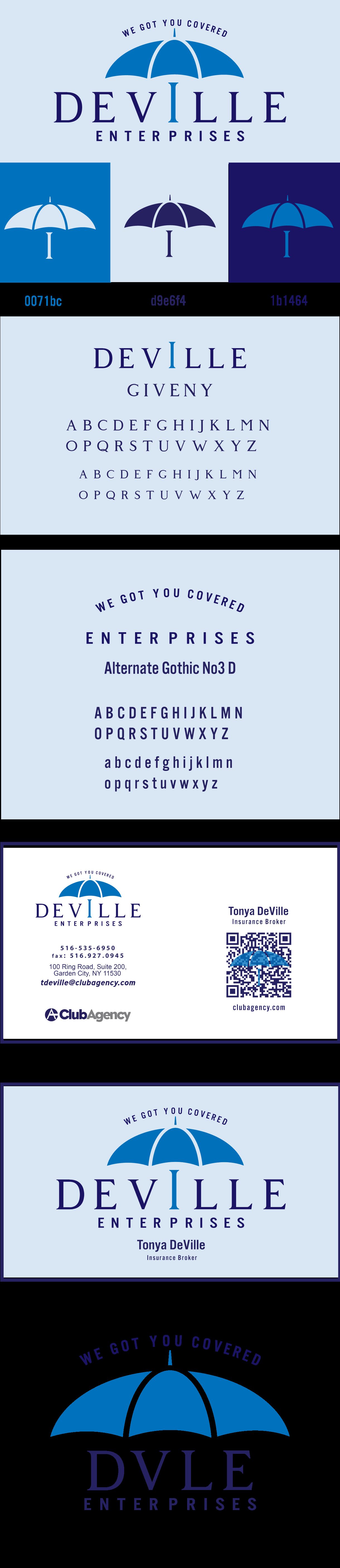 Deville Enterprises full brand board: logo, palette, type, business card, alternate lockup