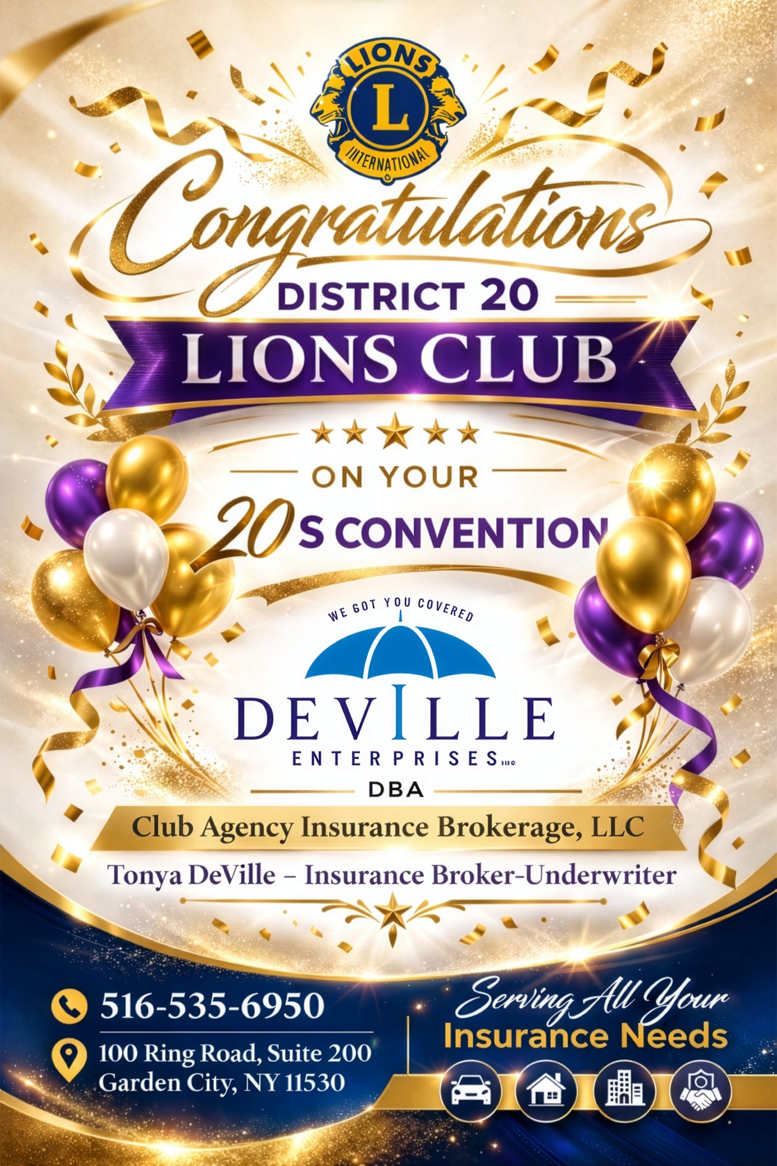 District 20 Lions Club convention congratulations flyer