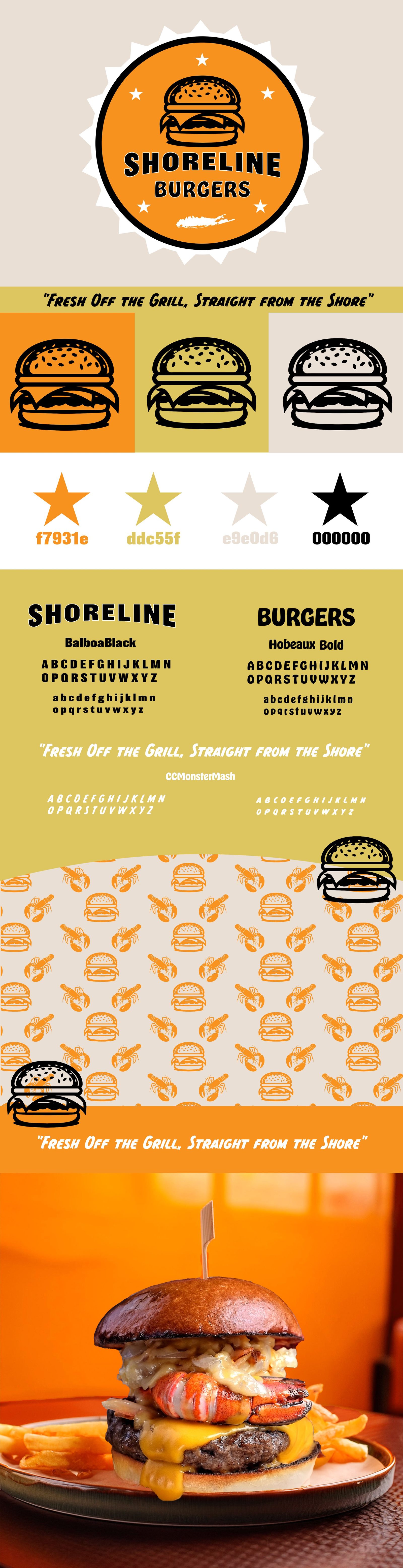 Shoreline Burgers brand board: badge logo, palette, typography, pattern, hero burger