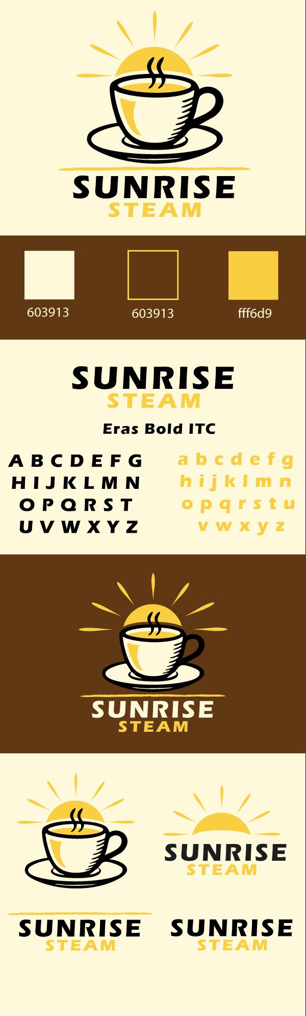 Sunrise Steam brand board: logo, coffee palette, Eras Bold typography, alternate lockups