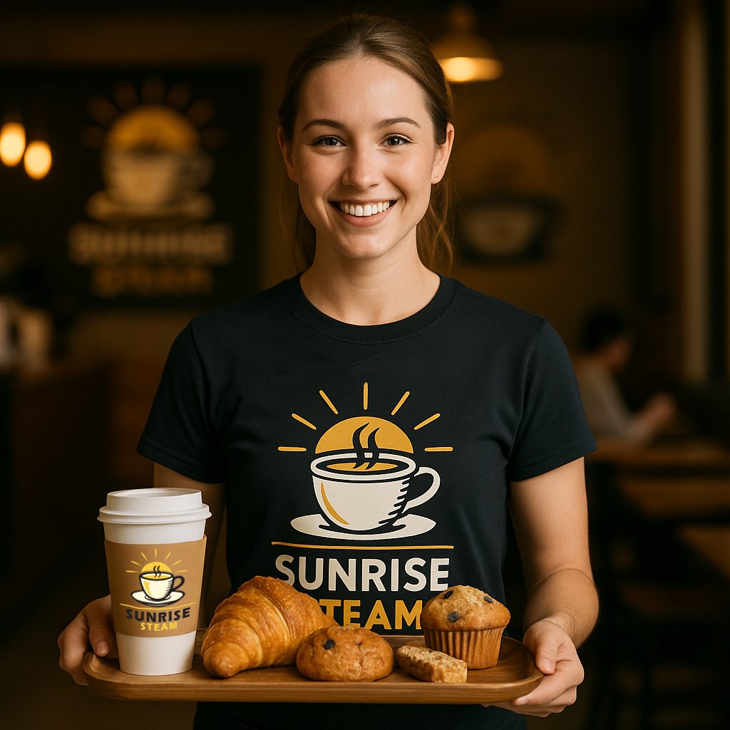 Sunrise Steam café interior with wall graphic and branded cups