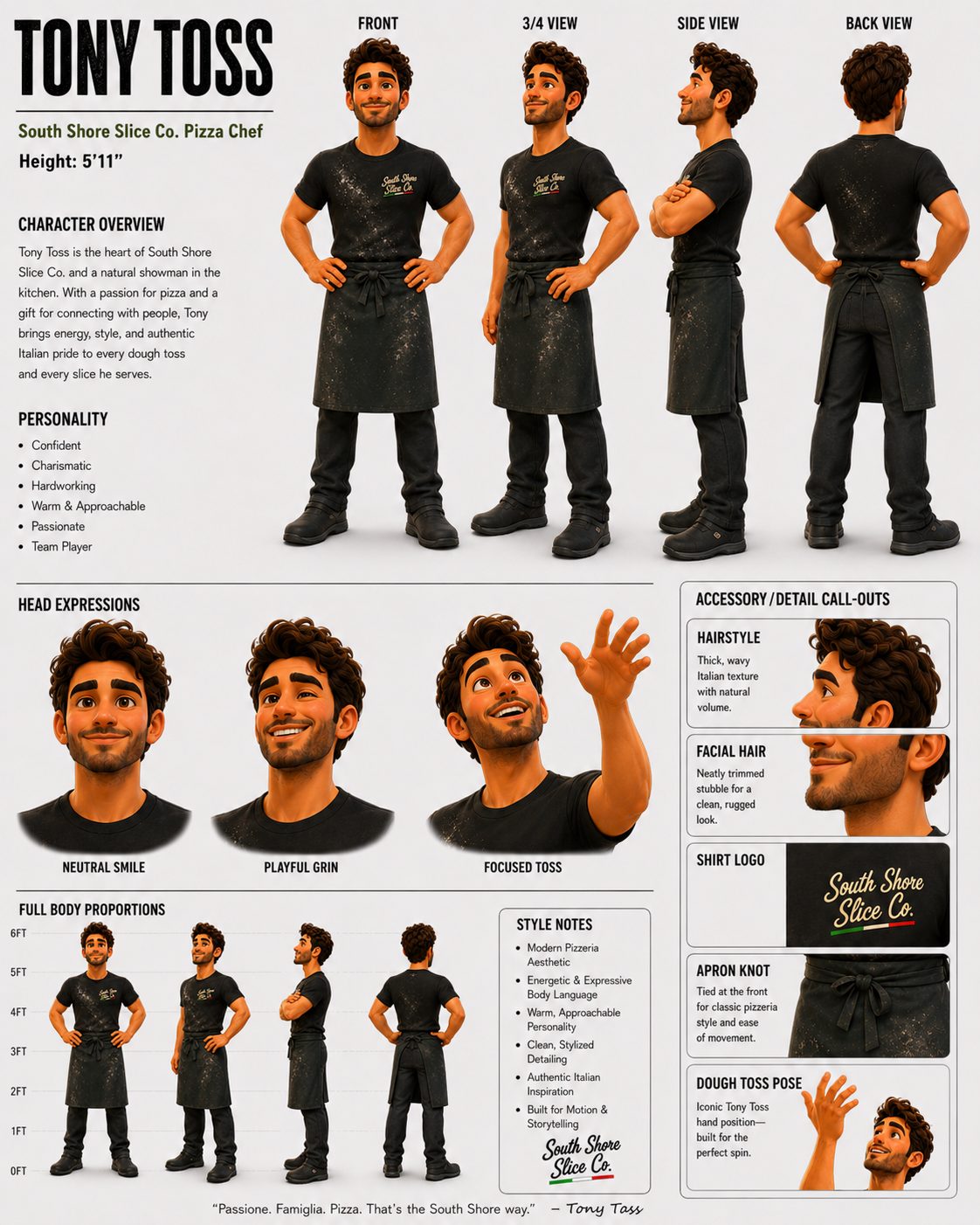 Tony Toss character design sheet with multiple views and expressions