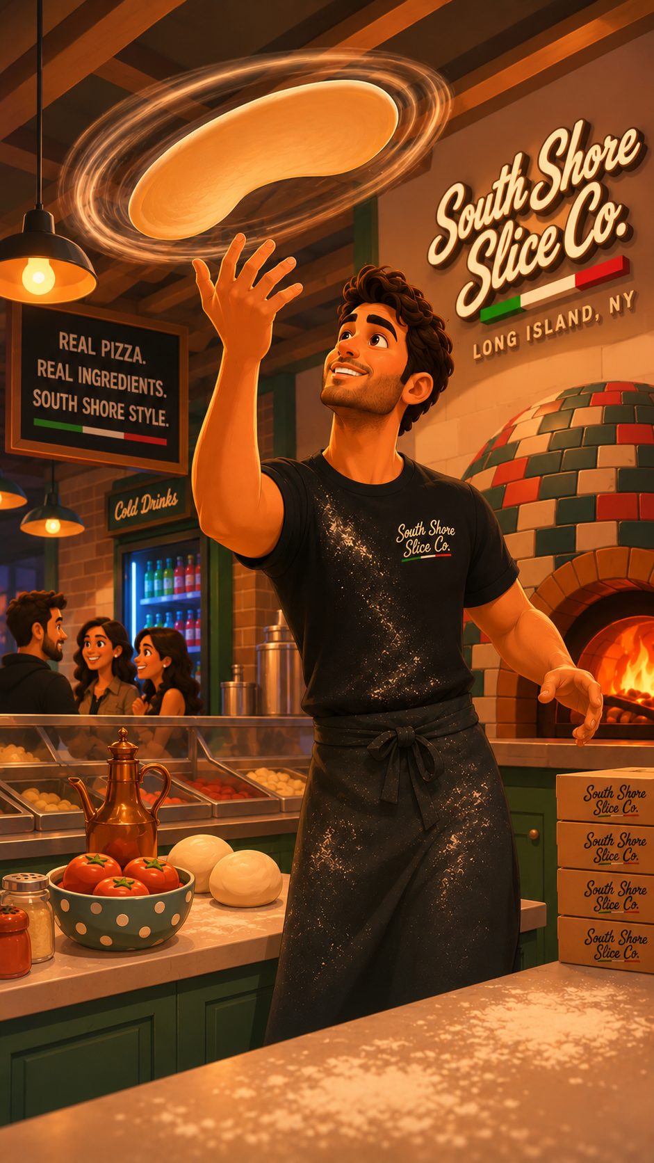Tony Toss character inside South Shore Slice Co.